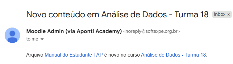 E-mail afirmando eu estar em Análise de dados, Turma 18